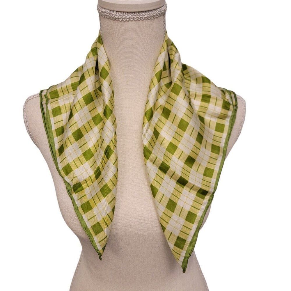 Echo 100% Silk Scarf Square Lime Green White Plaid 20”